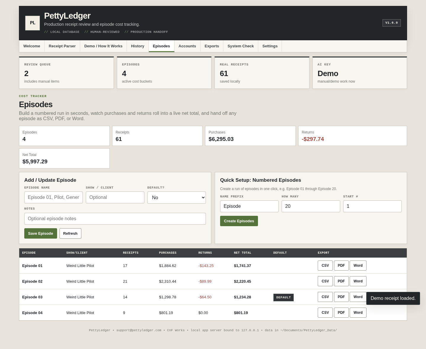 PettyLedger Episodes screen showing per-episode receipt counts, purchases, returns and net totals
