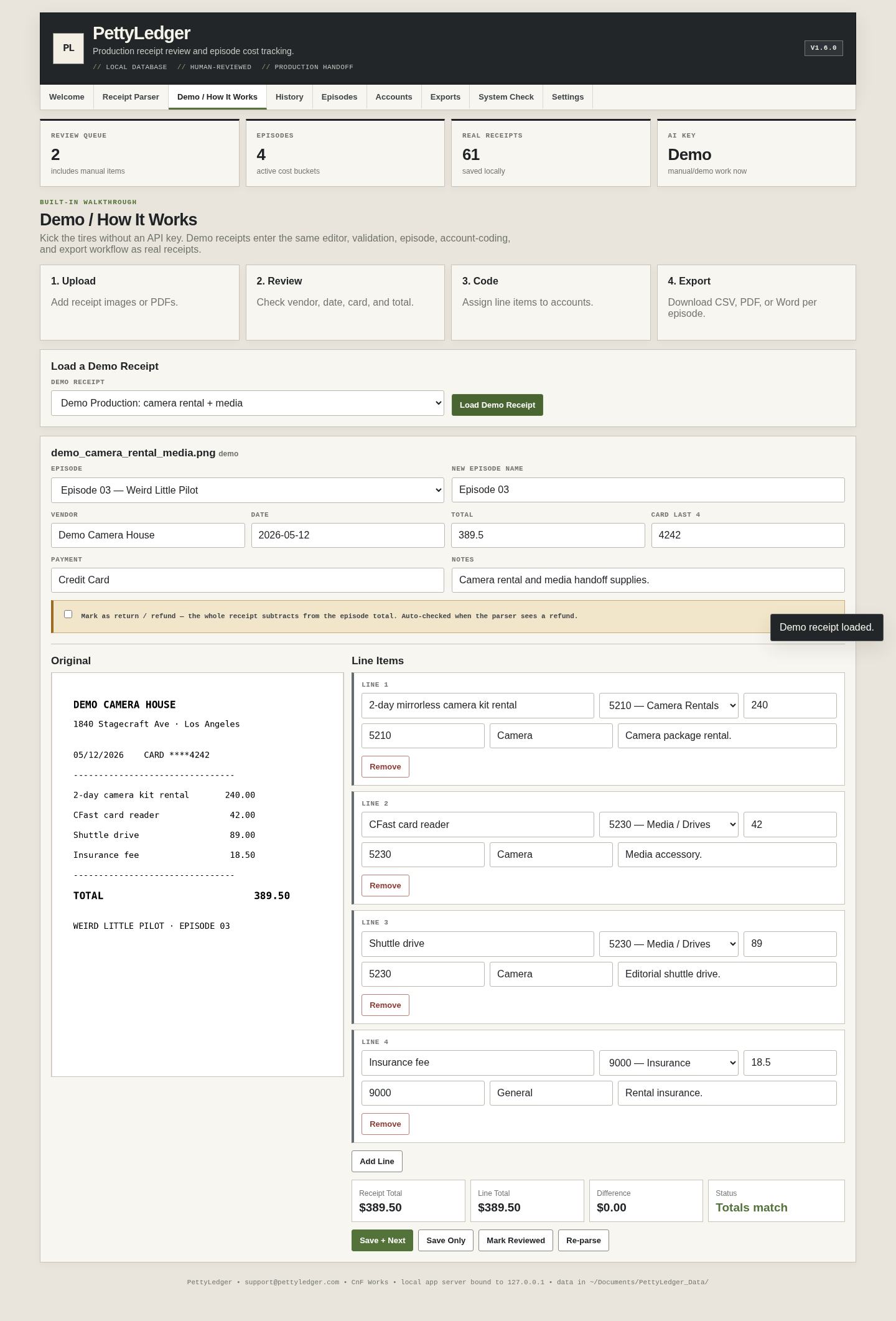 PettyLedger demo receipt review screen showing the original receipt beside editable line items and account coding