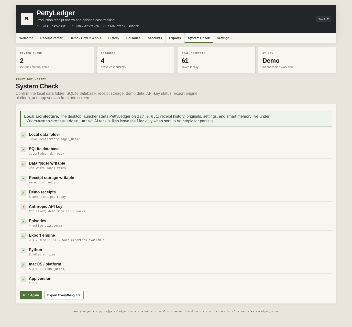 PettyLedger system check